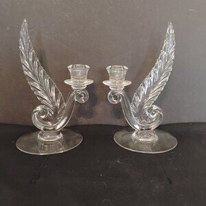 Fostoria Glass Vintage Single Plume candle holder, set of 2